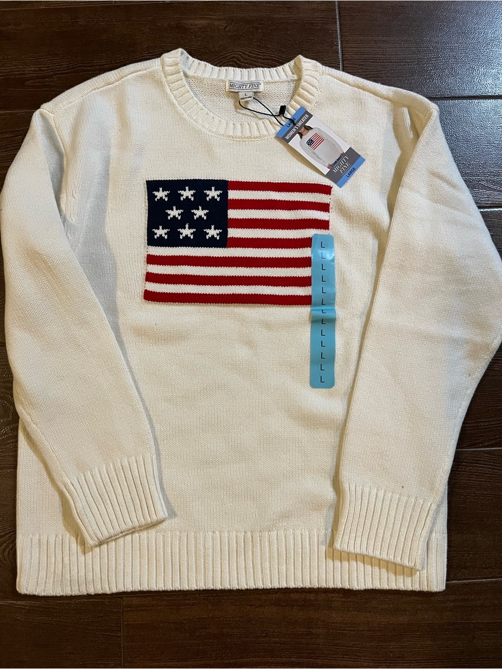 Mighty Fine Cream Knit Sweater with Red & Blue Flag Detail